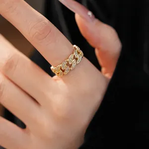 14K Gold Plated Copper Zirconia Chain Hollow Open Ring For Women Elegant Geometric Light Luxury Fashion Hand Jewelry