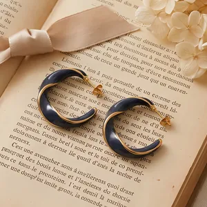 Orecchini a cerchio a C in smalto blu navy con bordo dorato attorcigliato su un libro