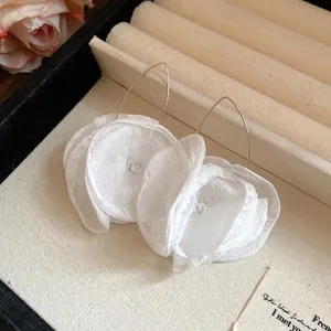 Elegant white chiffon flower dangle earrings for women with gold wire hooks