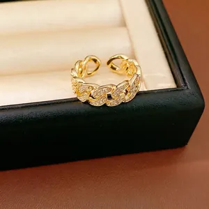 Elegant 14K gold plated chain link open ring with sparkling cubic zircon stone inlay