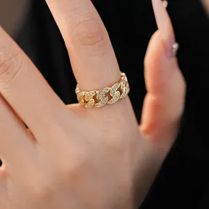 Elegant 14k gold plated Cuban link chain ring with sparkling cubic zirconia stones