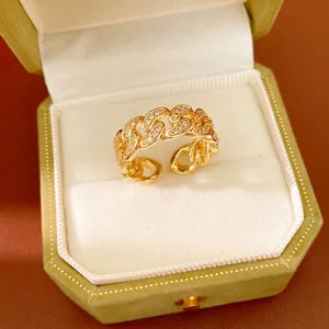 Elegant 14k gold plated chain open ring set with sparkling zircons in a green gift box.