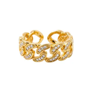 Exquisite 14K gold-plated chain link open ring with pavé cubic zirconia accents.
