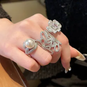Hollow Flower Zirconia Open Ring For Women Light Luxury Delicate Vintage Copper Ring Gold Silver Plated Artificial Pearl Hand Jewelry