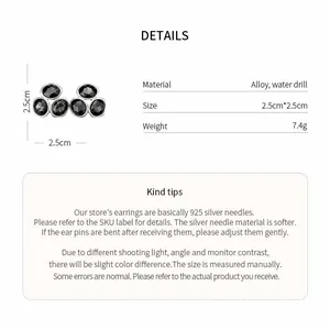 Spécifications détaillées du produit pour boucles d'oreilles en strass noir avec dimensions.