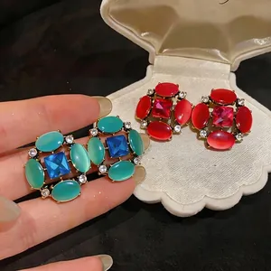 Vintage Exaggerated Cat's Eye Stone Stud Earrings With 925 Sterling Silver Earring Post Alloy Rhinestone Luxury Geometric Jewelry For Women