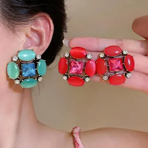 Vintage chunky rhinestone cat eye stone stud earrings for women in retro style