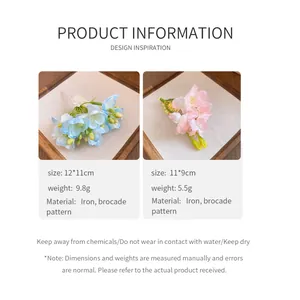 Spécifications du produit montrant les tailles et poids des pinces à fleurs en tissu.