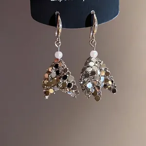 Elegant vintage geometric sequin drop earrings with pearl accents in minimalist style