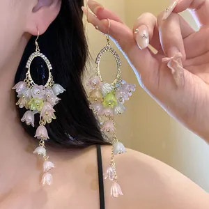 Elegant Mori style floral tassel earrings with rhinestones and pastel bellflowers