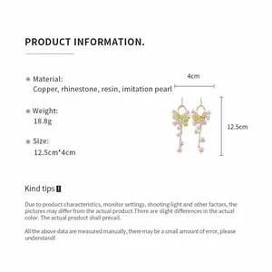 Detailed size and material information for these floral tassel earrings with pearls