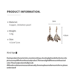 Detailed product info for geometric sequin earrings with pearl accents and sizes