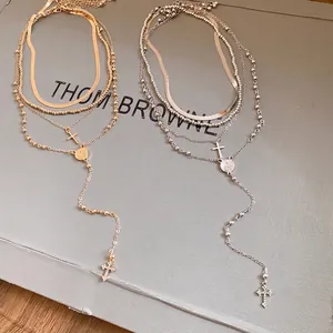 Vintage Layered Cross Pendant Necklace For Women Rhinestone Inlaid Medallion Coin Clavicle Chain Jewelry European Neck Accessory