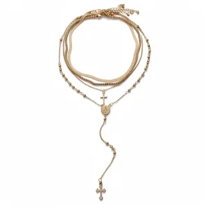 Elegant gold multi-layer necklace with sparkling rhinestone cross pendants for women