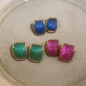Elegant French geometric stud earrings with colorful zircon stones on golden base