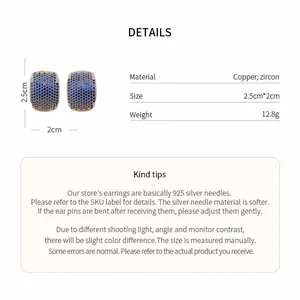 Detailed specs for French geometric zircon stud earrings with 925 silver needles.