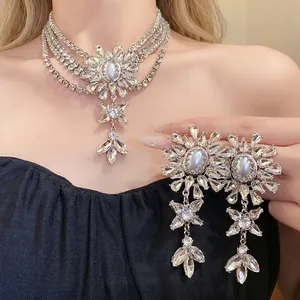 Elegant silver multi-layer rhinestone flower necklace and pearl earrings set for women
