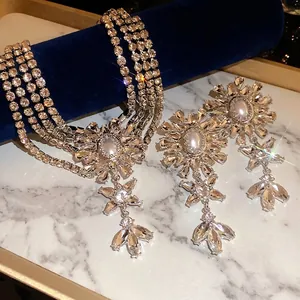 Elegant luxury multi-layer rhinestone flower necklace and dangle earrings jewelry set