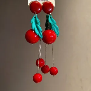 Vintage red resin cherry tassel earrings with green leaves and long silver ball chains