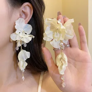 Orecchini Pendenti Lunghi in Fiore di Chiffon Freschi e Dolci Con Perno in Argento Perla Artificiale Strass Nappa Gioielli Stile Foresta per Donna
