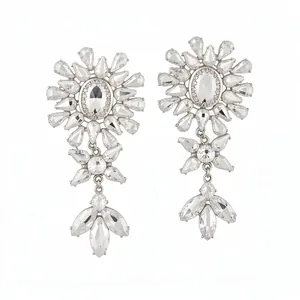 Sparkling silver-toned floral drop earrings featuring clear multi-cut crystal rhinestone accents