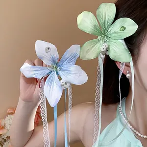 Sweet Cloth Flower Hair Clip With Lace Ribbon Bow Rhinestone Elegant Korean Style Duckbill Clip Fashion Hair Accessories For Women
