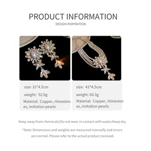 Specification detail for rhinestone flower pearl necklace and earrings jewelry set.