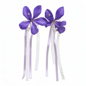 Elegant purple fabric flower hair clips with long lace and satin ribbon streamers