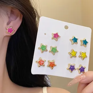 12-piece colorful enamel star stud earrings set for women with S925 silver needles