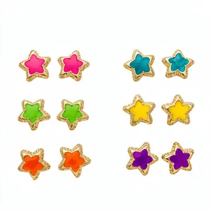 Set of 6 pairs colorful enamel star stud earrings with gold-plated edges