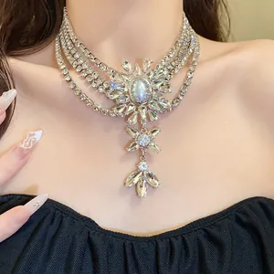 Detailed view of high-end luxury multilayer rhinestone flower choker necklace on model