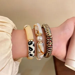 Vintage Acrylic Leopard Print Splicing Bracelet Niche Design Alloy Gold Marble Texture Artificial Pearl Bangle For Women Fashion Jewelry Gift