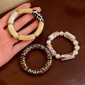 Handmade vintage acrylic leopard print patchwork and faux pearl bracelet set for women