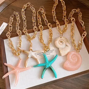 Acrylic Sea Star Conch Pendant Necklace Aluminum Gold Chain Resort Style Fashion Jewelry Women Vacation Clavicle Chain