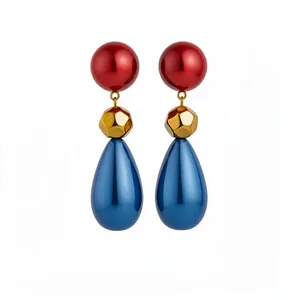 Retro resin teardrop earrings with red sphere and gold faceted beads