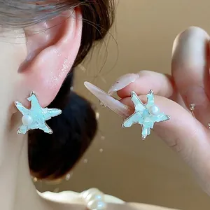 Ocean Style Starfish Artificial Pearl Stud Earrings With 925 Sterling Silver Earring Post Copper Shell Inlaid Jewelry For Women
