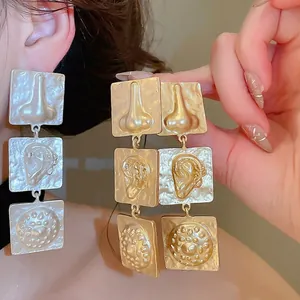 Exaggerated Retro Alloy Face Organ Nose Ear Earrings Geometric Square Triple Tier Gold Silver Drop Earrings For Women
