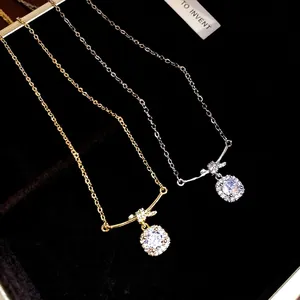 14K Gold Plated Copper Square Zirconia Pendant Necklace For Women Ins Style Minimalist Light Luxury Clavicle Chain Jewelry
