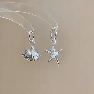 Summer asymmetric silver starfish shell earrings with pearls and blue zircon stones