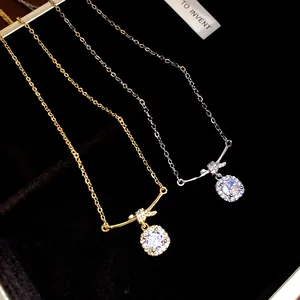 Exquisite square zircon pendant necklaces with bow detail in gold and silver plating