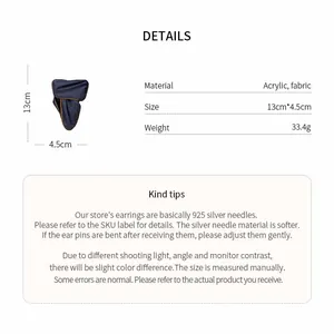 Product specification detail for navy fabric hair clip showing 13cm size and weight