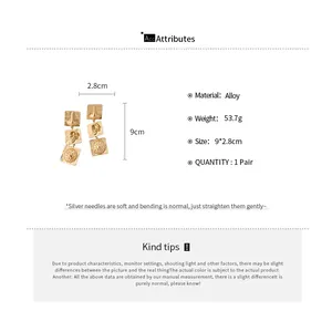 Detail view of unique face design earrings with size measurements and alloy specs