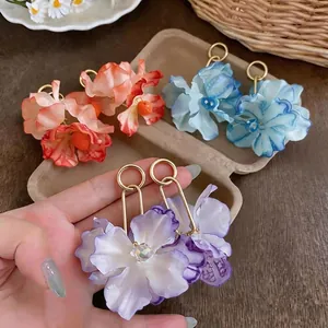 Handmade Fabric Flower Stud Earrings with 925 Sterling Silver Pin Gradient Rhinestone Dangle Earrings for Women Beach Vacation Jewelry