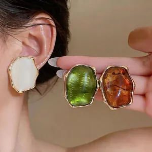 Vintage Oval Resin Stud Earrings For Women With 925 Sterling Silver Post Gold Wrinkled Edge Minimalist Maillard Jewelry