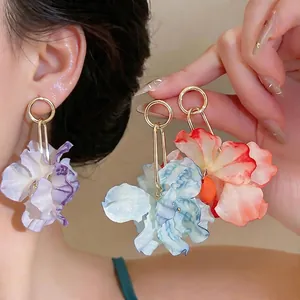 Exquisite oversized fabric flower drop earrings for vacation and beach wear
