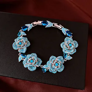 Vintage Copper Zirconia Flower Bracelet For Women Luxury Blue Gemstone Inlaid Folding Clasp Niche Design Jewelry Bracelet Gift