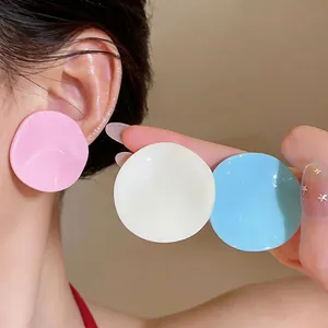 Korean Style Sweet Pleated Round Acrylic Stud Earrings With 925 Sterling Silver Earring Post Fresh Macaron Color Earrings Women Jewelry