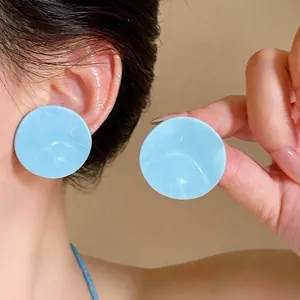 Elegant light blue pleated round stud earrings with silver needles in a sweet Korean style