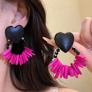 Vintage Western Heart Wood Shell Tassel Stud Earrings For Women Simple Fashion Jewelry With Silver Earring Post