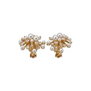 Elegant 18k gold plated flower clip-on earrings with cluster pearls and sparkling crystals